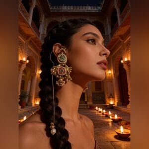 Kashmiri Earrings- 92.5 German Silver Gold and Green Statement Necklace